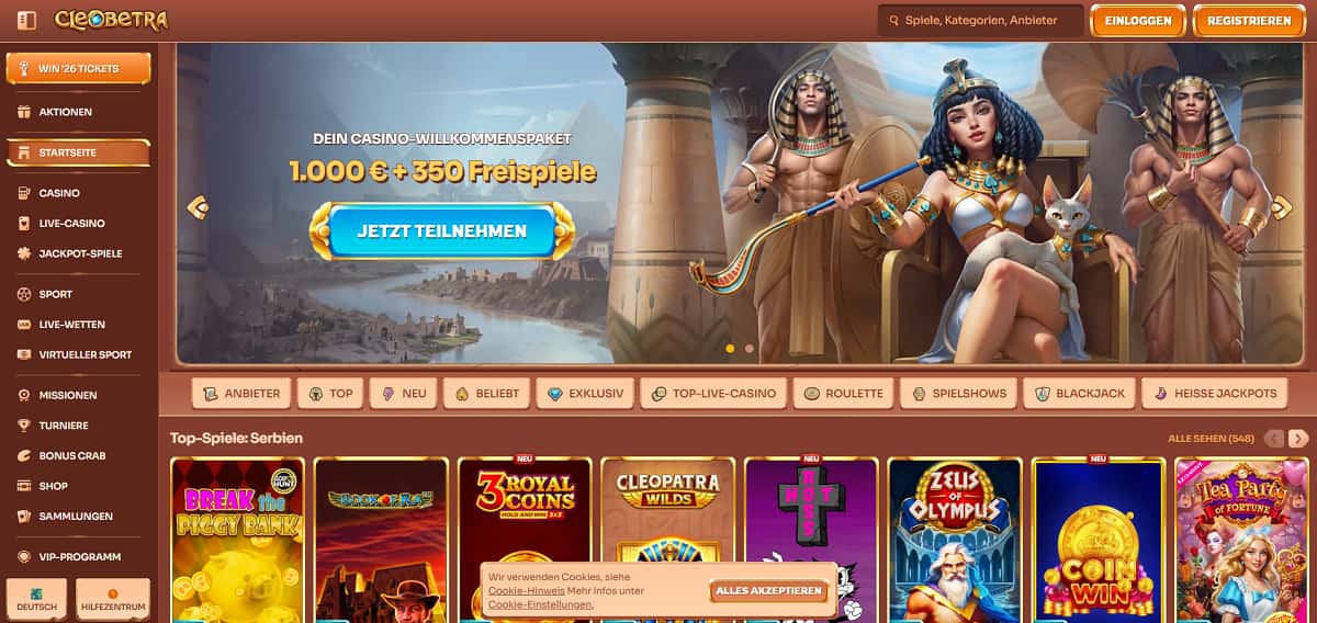 Cleobetra Casino-Startseite im altägyptischen Stil mit einem Willkommensangebot von 1100 CHF und 350 Freispielen. Die dunkle Oberfläche bietet Navigation für Slots, Live-Casino, Jackpots und beliebte Spiele wie Book of Rampage und Lord of the Ocean.