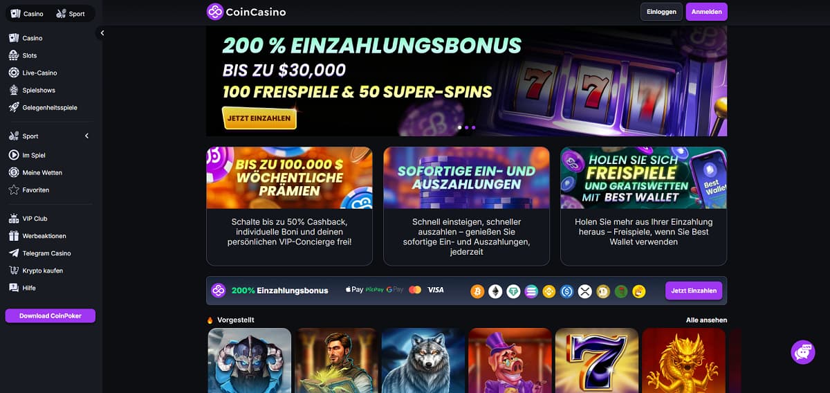 Screenshot der CoinCasino-Startseite mit 200% Einzahlungsbonus bis zu 30.000 $ und beliebten Spielen wie Gates of Olympus.