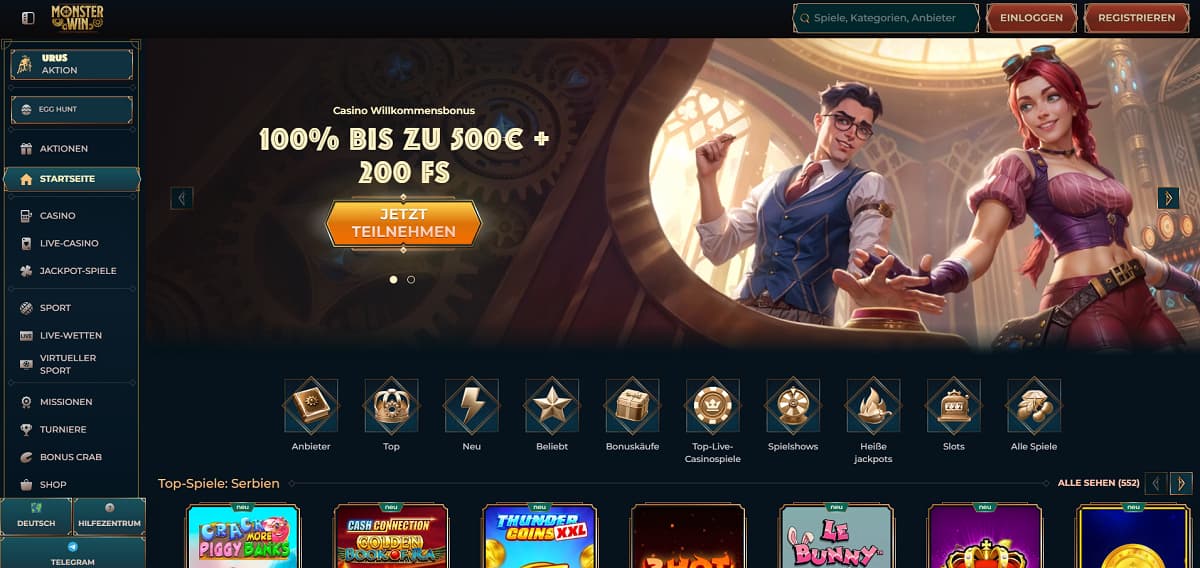 Screenshot der Monsterwin-Casino-Startseite mit auffälligem Header, Werbebanner und Rasterlayout mit beliebten Spielen.