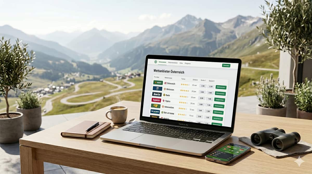 Ein Laptop auf einem Holztisch auf einer Terrasse zeigt eine deutschsprachige Webseite mit dem Titel „Wettanbieter Österreich [Aktuelles Jahr]“ und einer Tabelle, die verschiedene Sportwettanbieter und deren Bewertungen vergleicht. Auf dem Tisch liegen außerdem eine Tasse Kaffee, ein Notizbuch, ein Smartphone und ein Fernglas vor einem malerischen Alpenpanorama.
